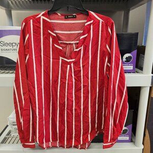 Shein Women's Vneck Red & White Striped Long Sleeve Blouse in Large